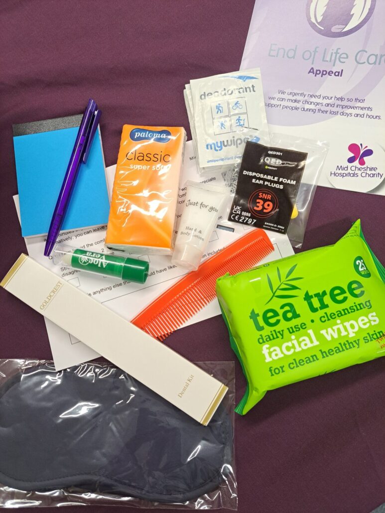 The pack contains useful items such as tissues, deodorant wipes, a dental pack and a notebook and pen