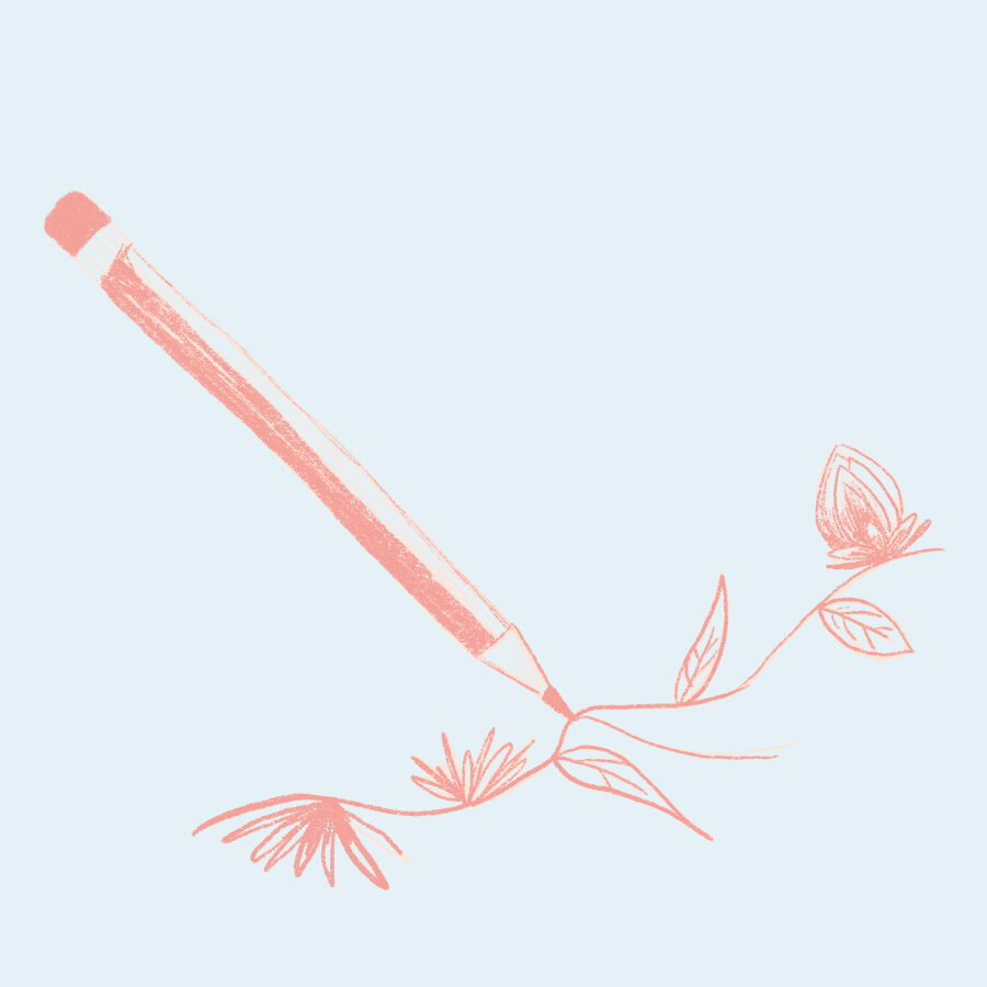 light blue background with light pink pencil illustration drawing flowers